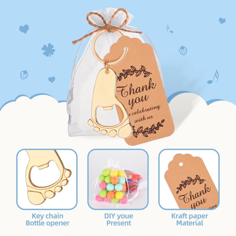KaGrbves 50 Pieces Footprint Bottle Opener Baby Shower Favors for Guest with Key chain and Organza Bags Tags (gold) - Image 3